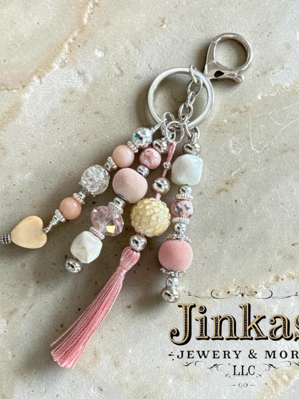 Purse charm - pinks and cream color with heart charm & tassel